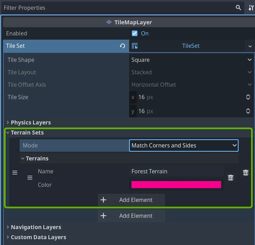 Terrain Sets in the TileMapLayer Inspector: Mode set to Match Corners and Sides, with one terrain named Forest Terrain added under Terrains with a color
