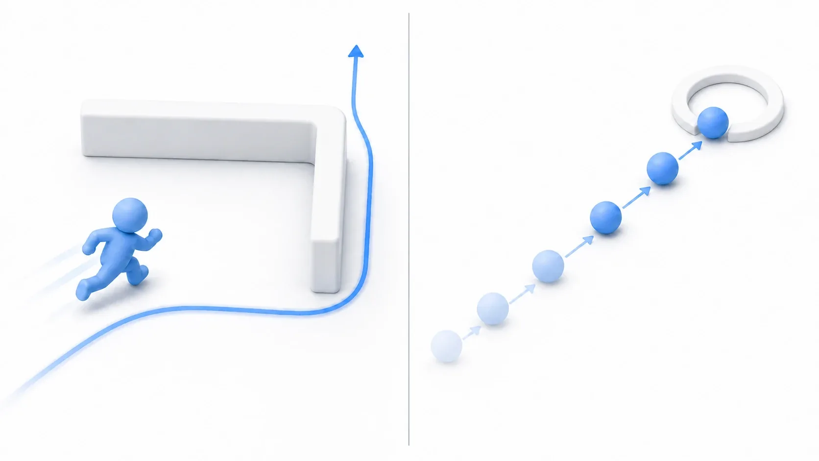 Diagram contrasting a character sliding along a wall on the left with a ball easing toward a target point on the right, showing physics movement versus value interpolation