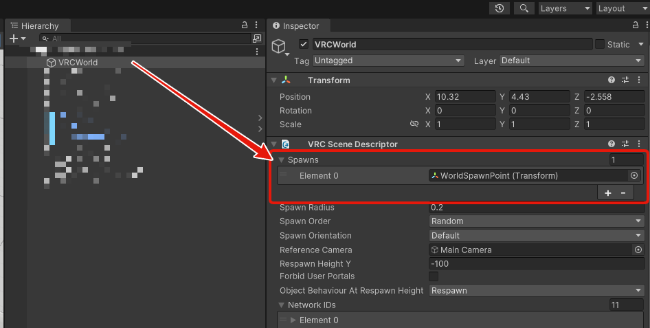 VRC Scene DescriptorのSpawns配列のElement 0にWorldSpawnPointを登録した状態のインスペクター