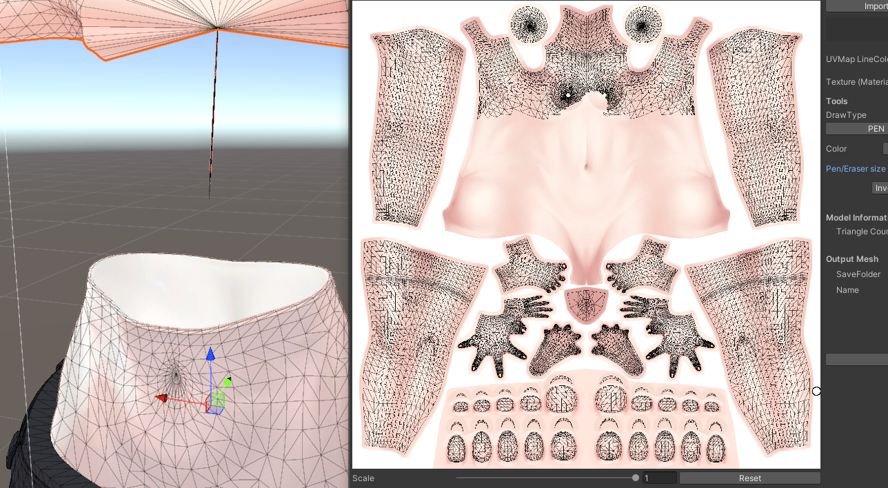 MeshDeleter実行後、お腹部分のメッシュが削除された状態