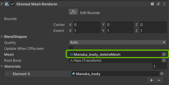 生成された新しいメッシュが適用されているInspector画面
