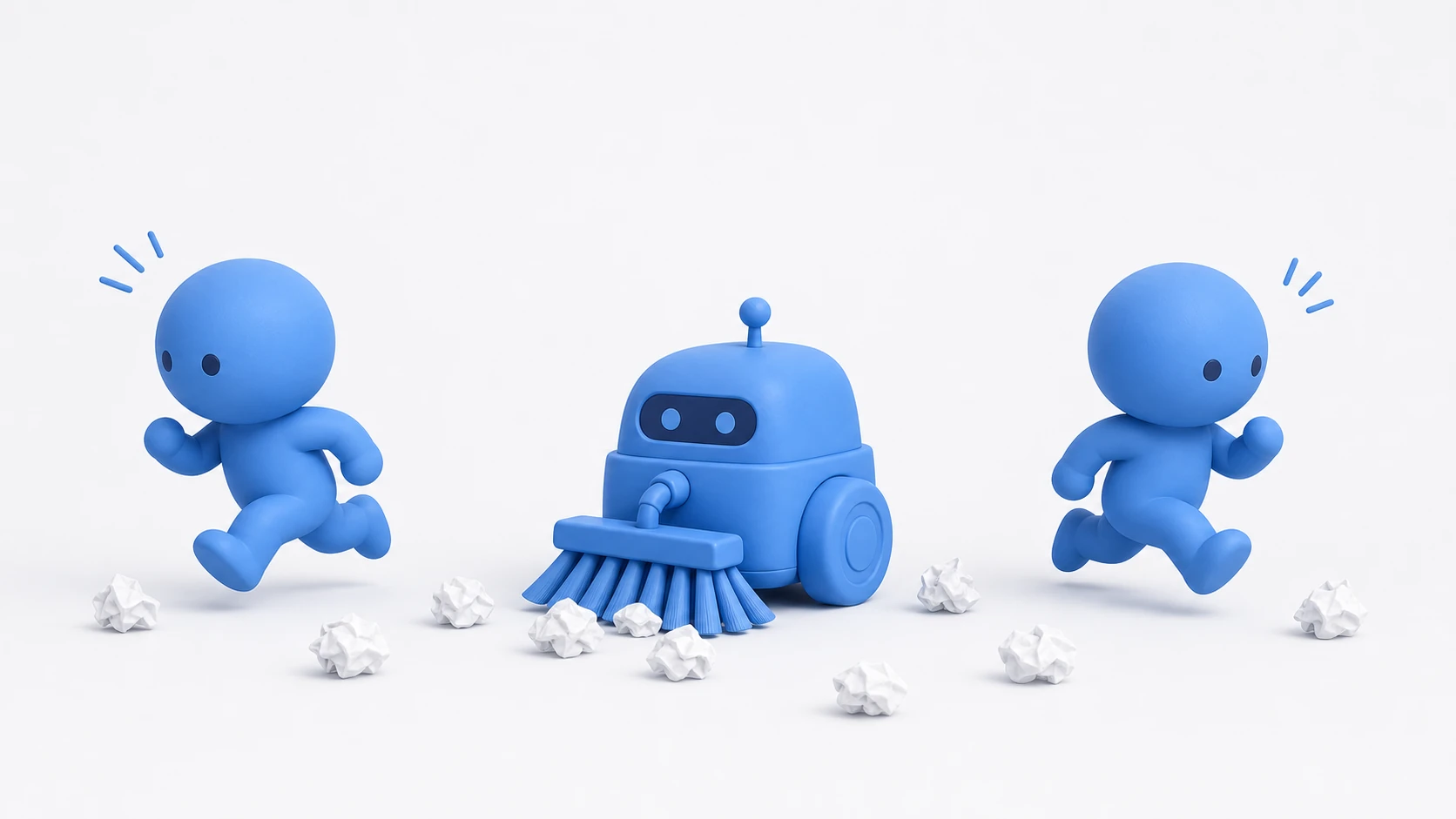 Illustration of GC: while a blue clay cleaning robot sweeps up scattered trash, the running clay characters freeze in place, stopped mid-stride