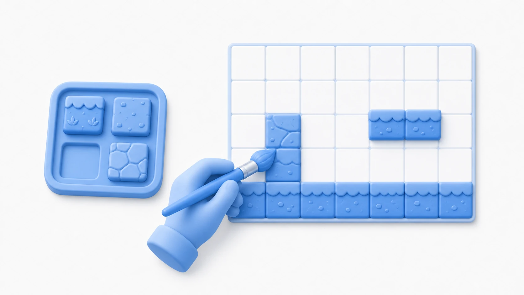 The idea of a Tilemap: pick small tiles from a palette and paint them onto a grid to assemble a 2D stage with ground and walls