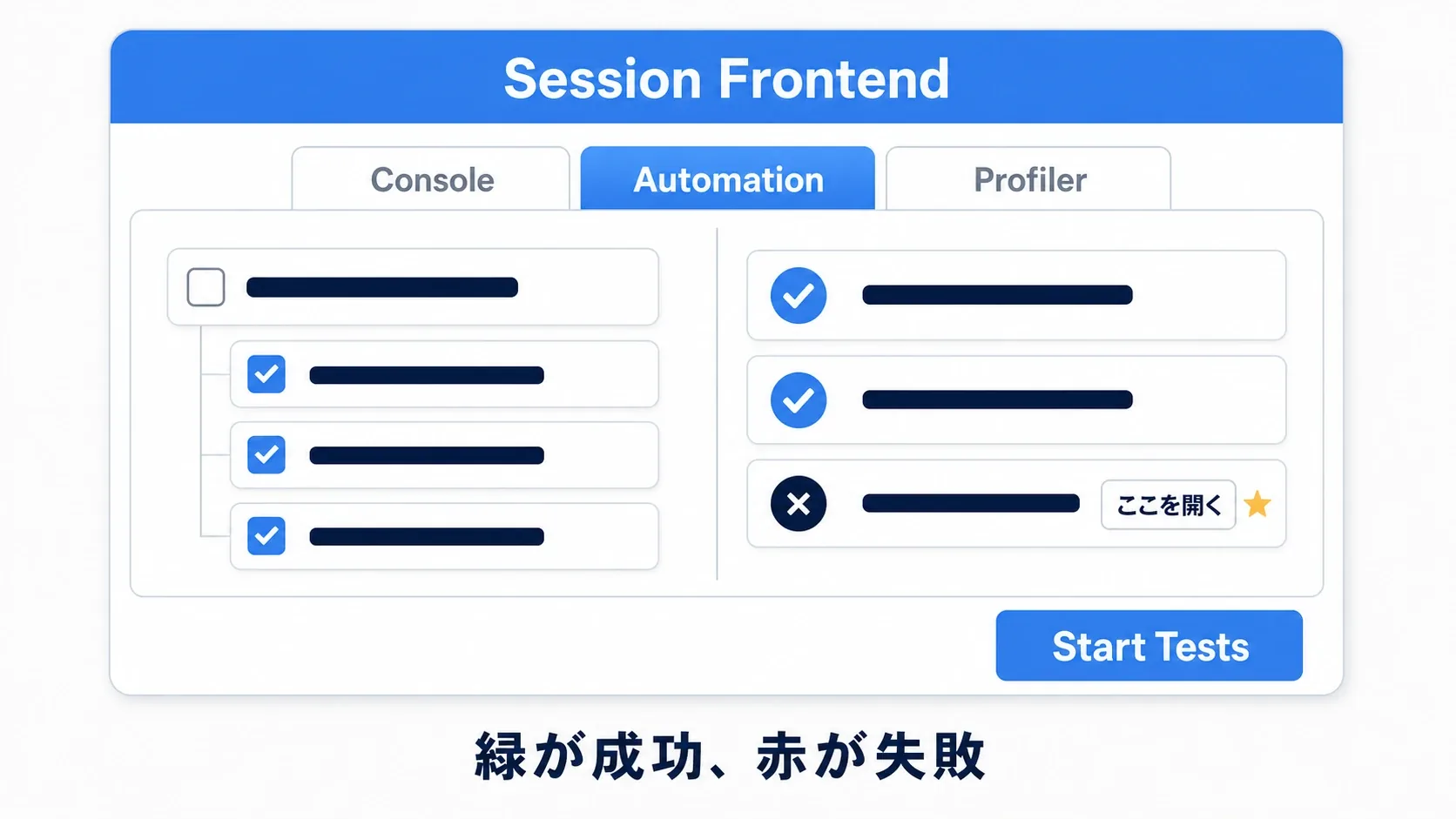 Session FrontendのAutomationタブでテストを選び、実行ボタンを押すと結果が一覧で出ることを示した図