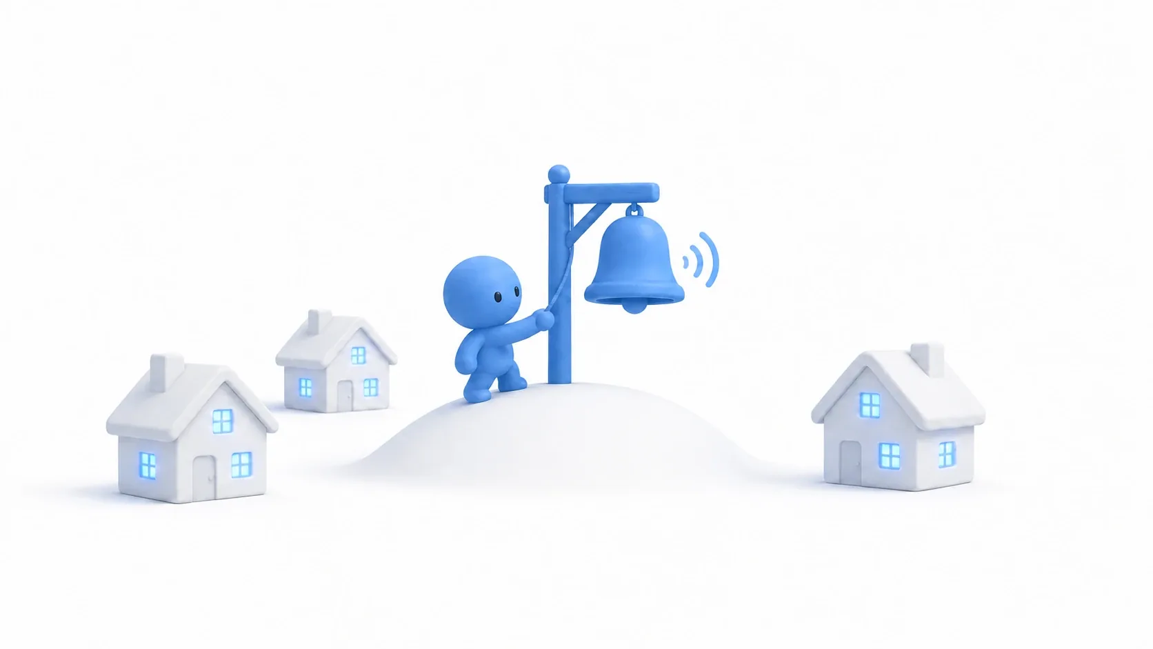 A figure ringing a bell while lights come on in three houses, illustrating Event Dispatchers