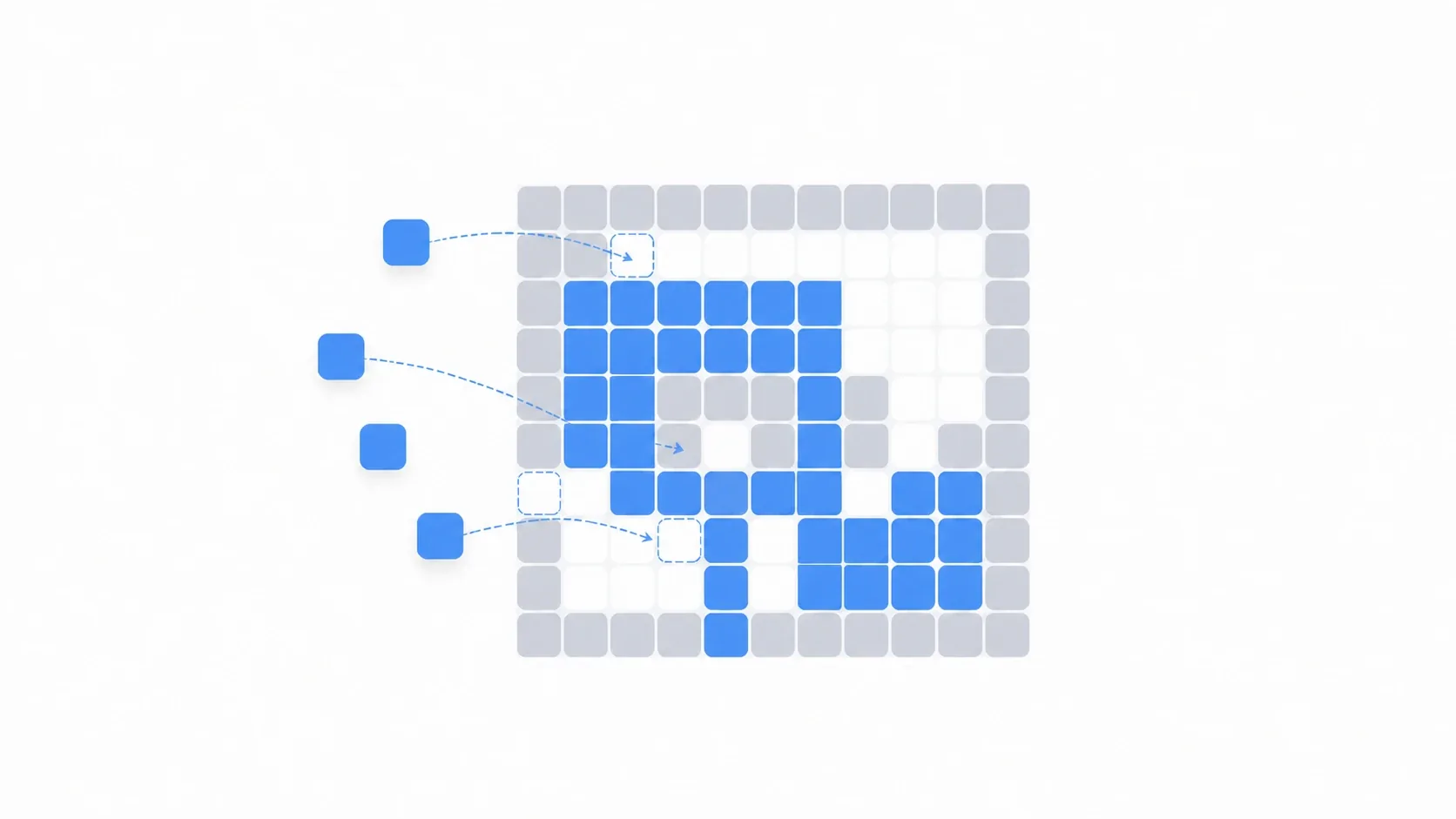 Tilemap illustration: small tiles laid out across a grid to assemble a 2D map with ground and walls