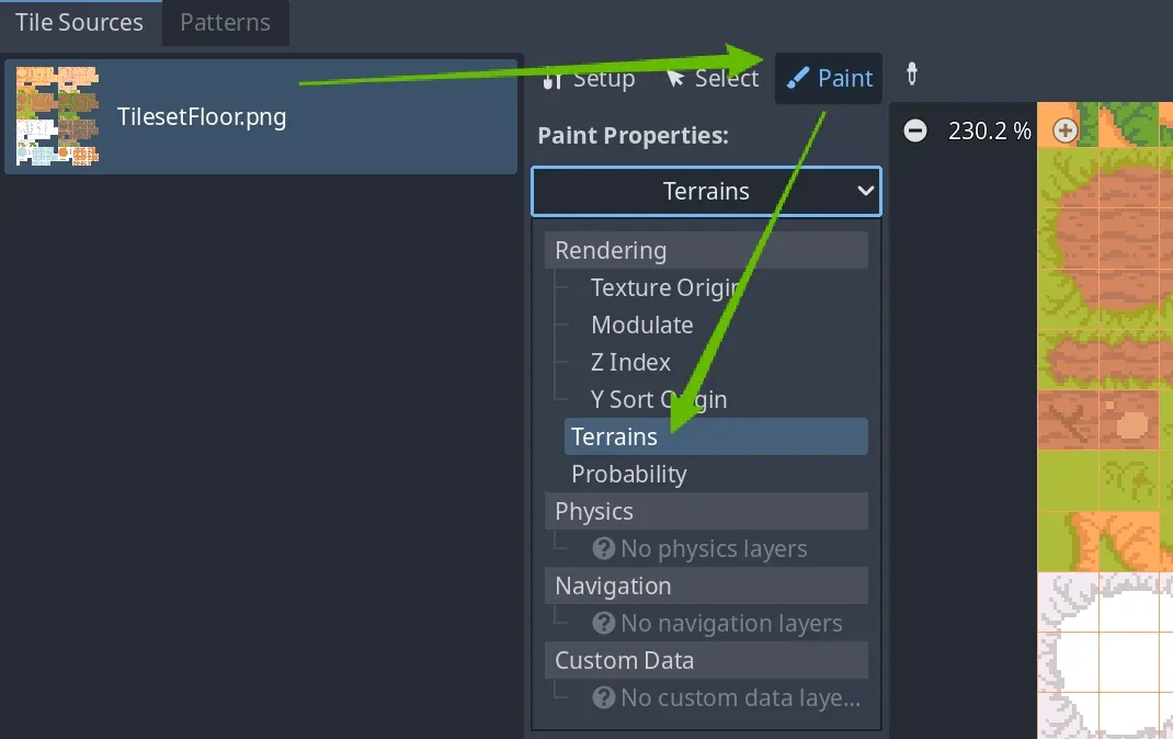 Paint mode in the TileSet editor, with Terrains selected from the Paint Properties dropdown