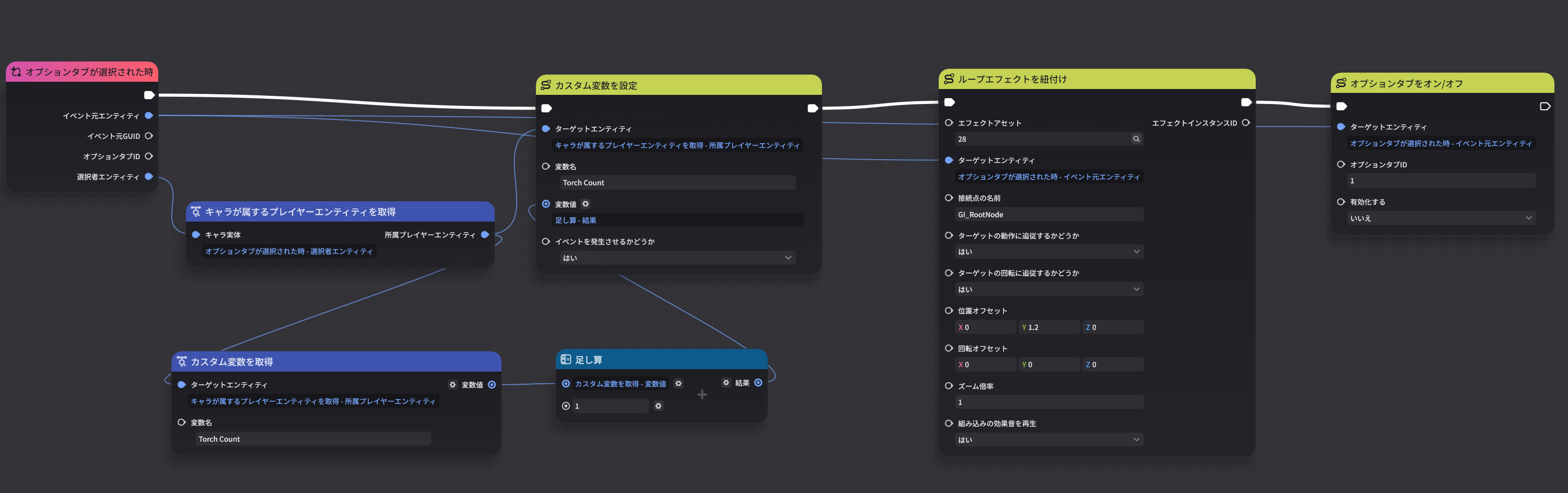 松明を灯す（変数追加版）のノード設定