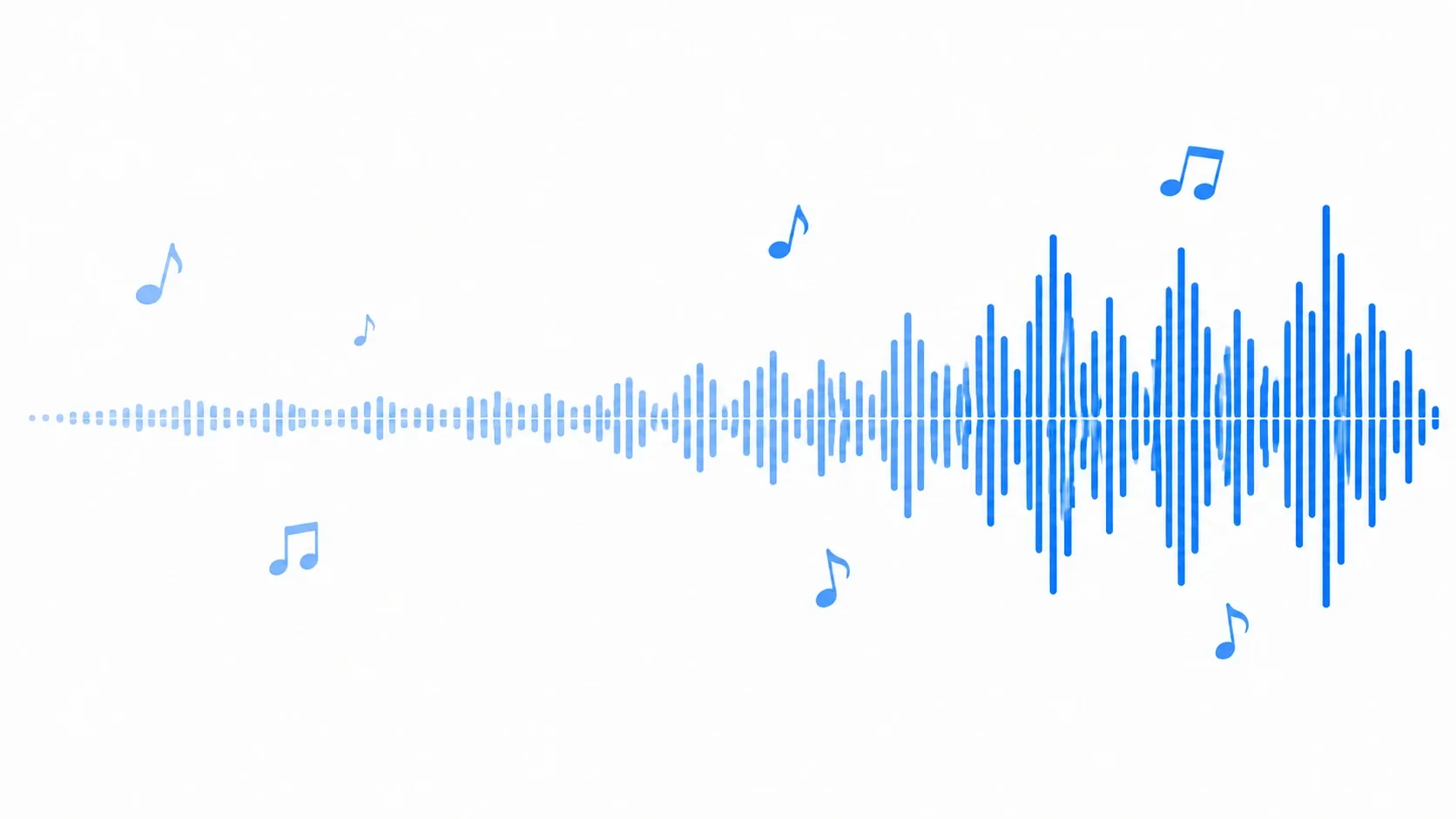 An adaptive music image where a calm waveform gradually becomes an intense one toward the right, scattered with musical notes